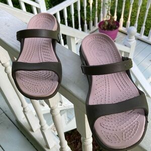 Crocs pink & brown Patricia sandals size 9 excellent condition